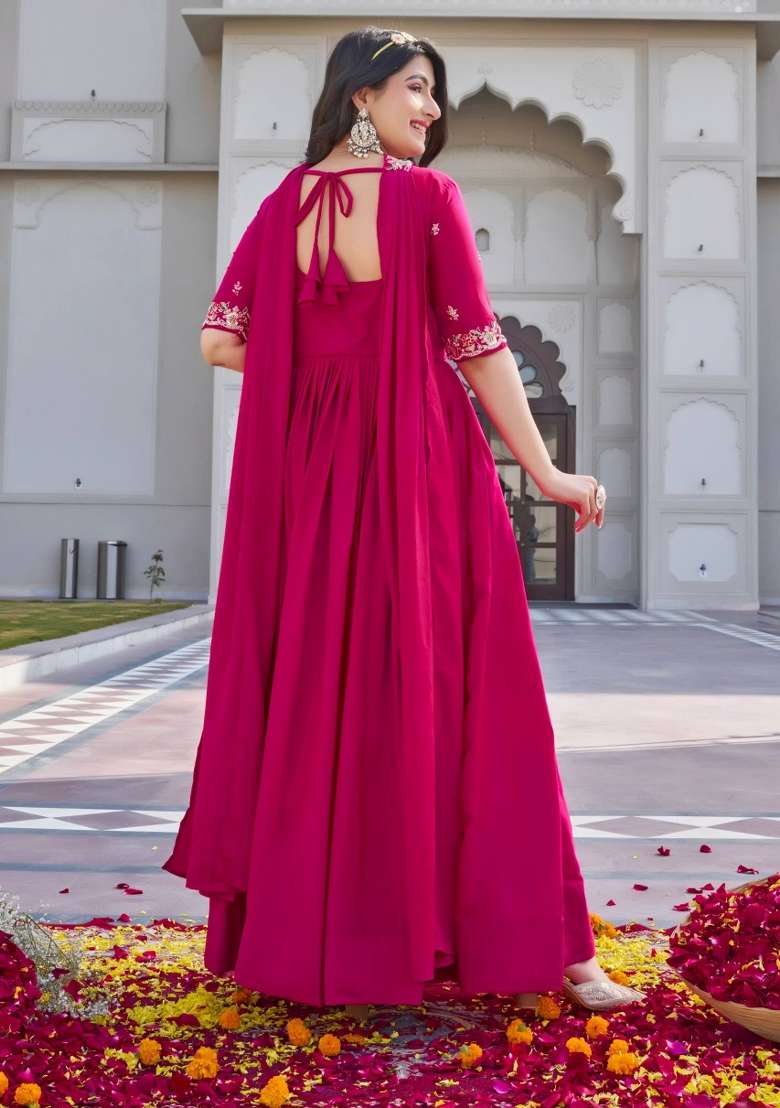 Pink Embroidered Crepe Anarkali Set - Indya