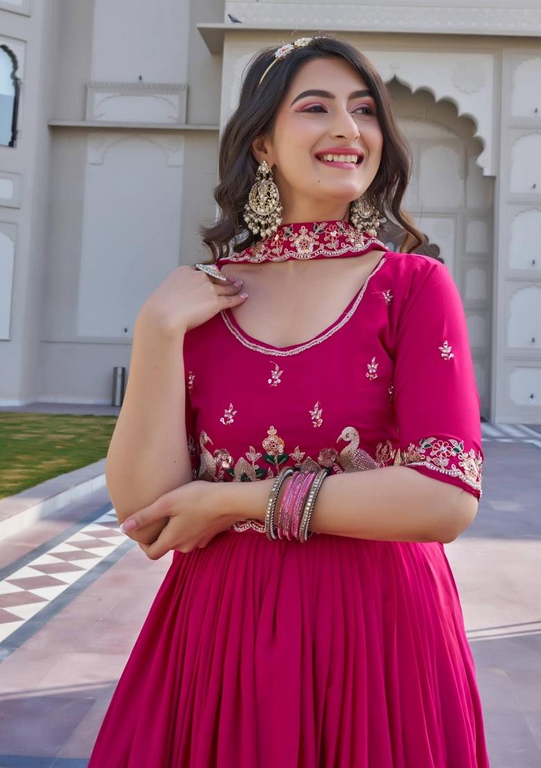 Pink Embroidered Crepe Gown With Dupatta - Indya