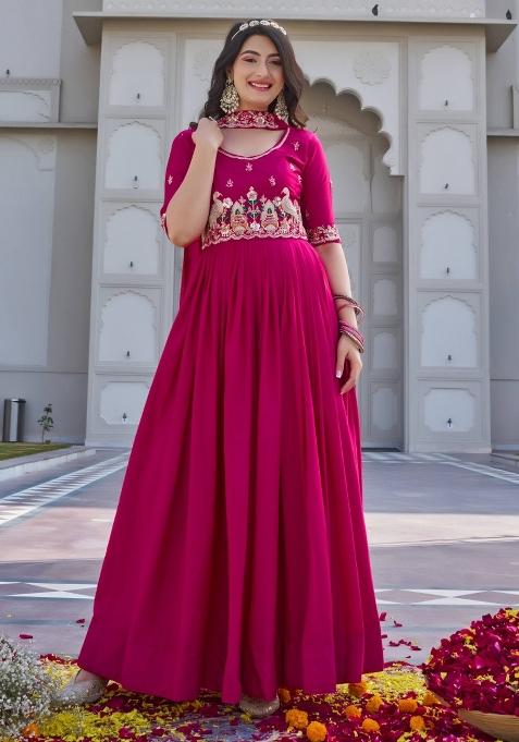 Pink Embroidered Crepe Gown With Dupatta