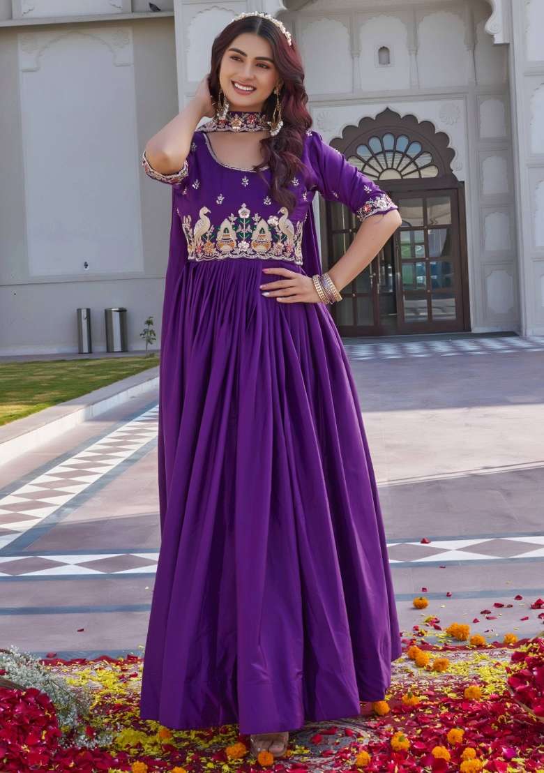 Purple Embroidered Crepe Anarkali Set - Indya