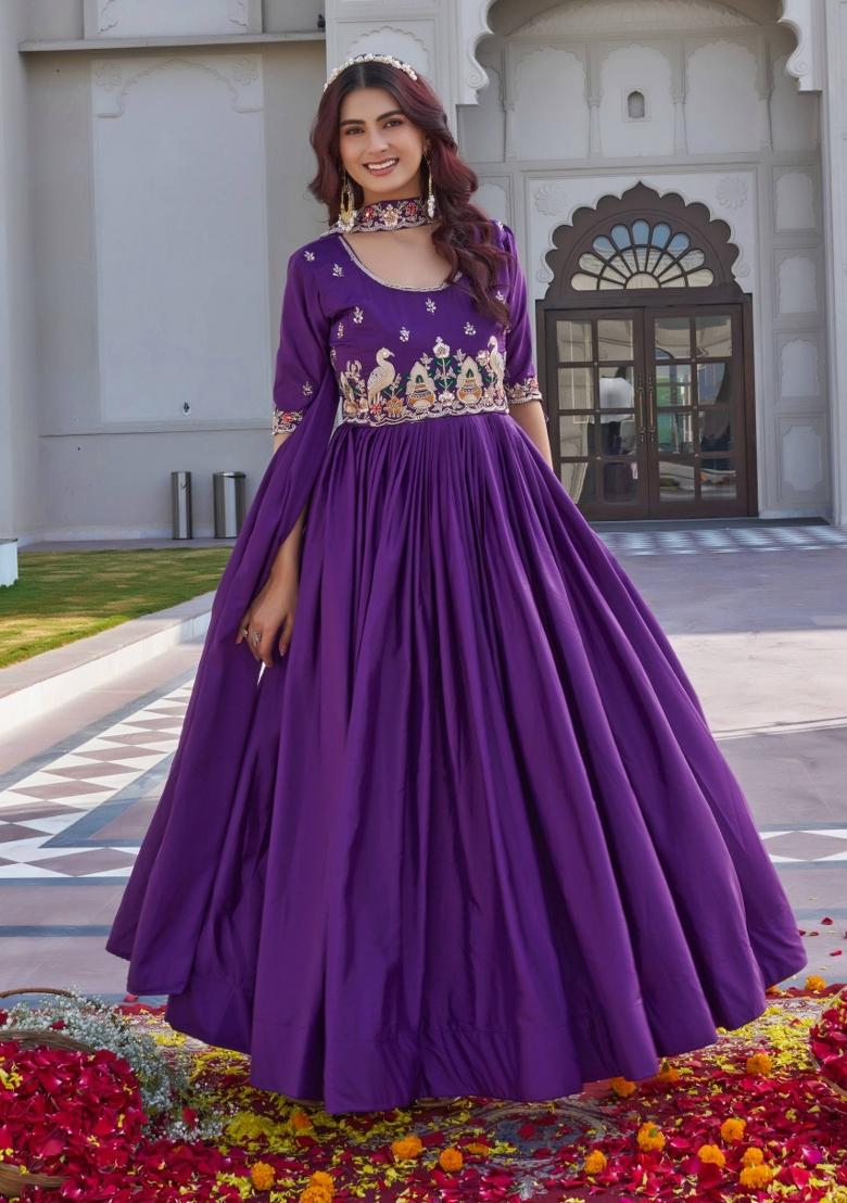 Purple Embroidered Crepe Gown With Dupatta - Indya