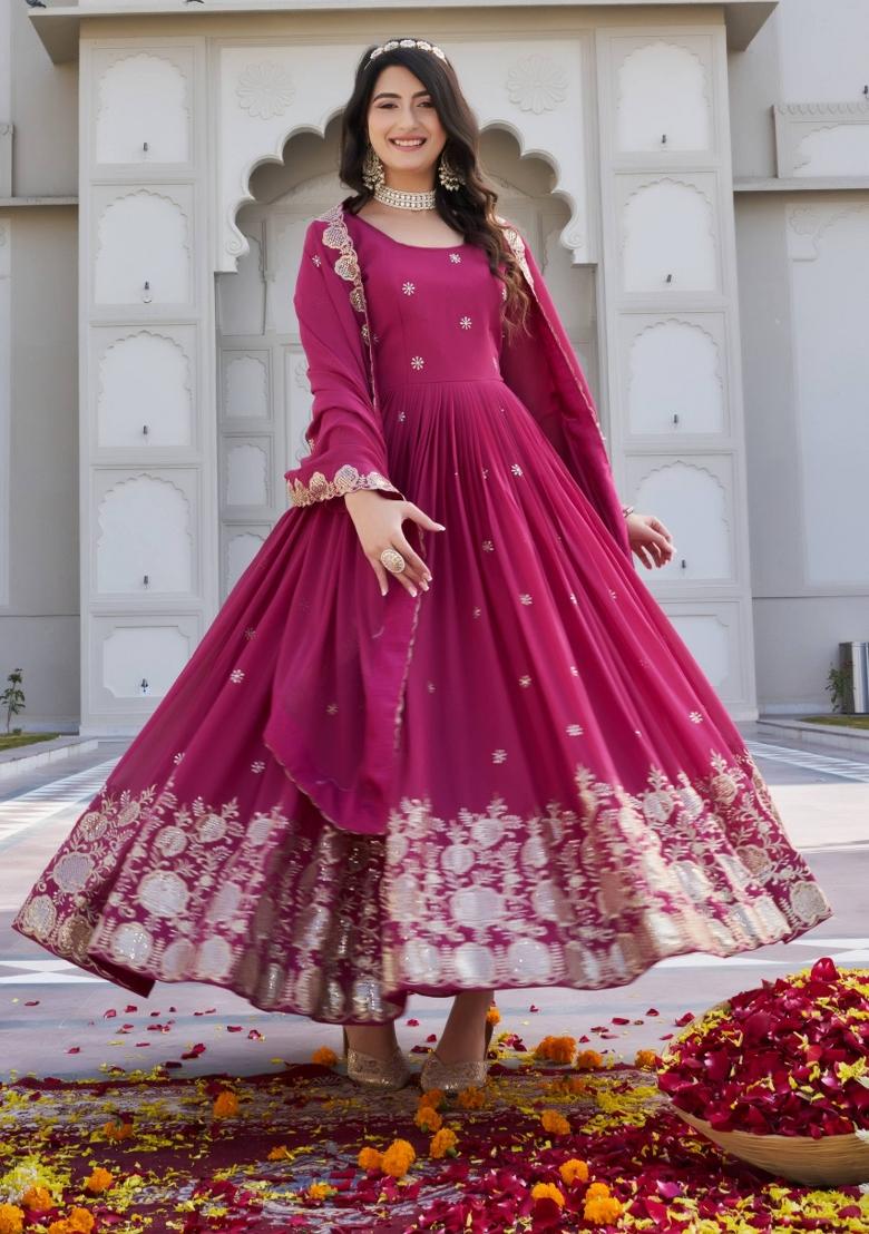 Pink Embroidered Georgette Gown With Dupatta - Indya