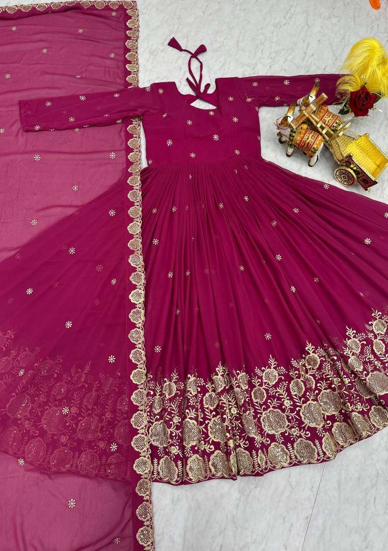 Pink Embroidered Georgette Anarkali Set - Indya
