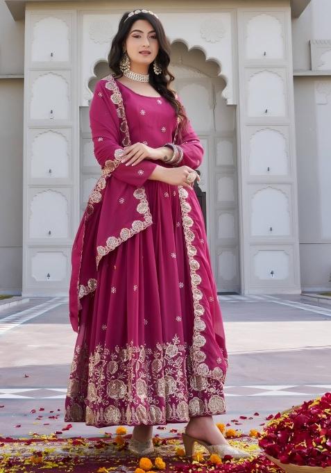 Pink Embroidered Georgette Gown With Dupatta