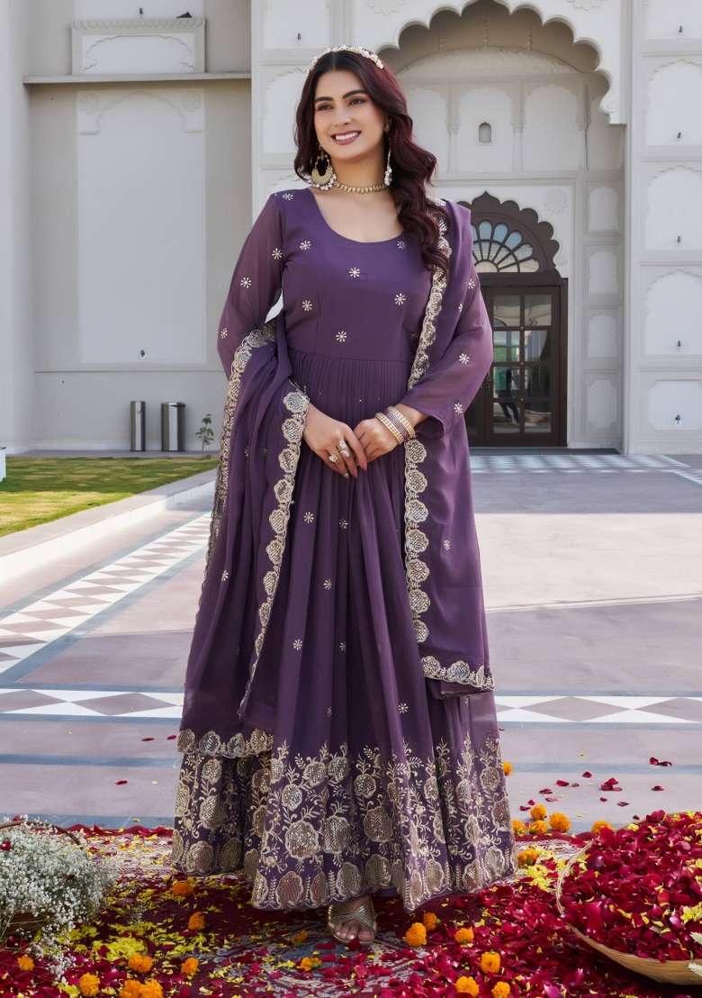 Purple Embroidered Georgette Sharara Set - Indya