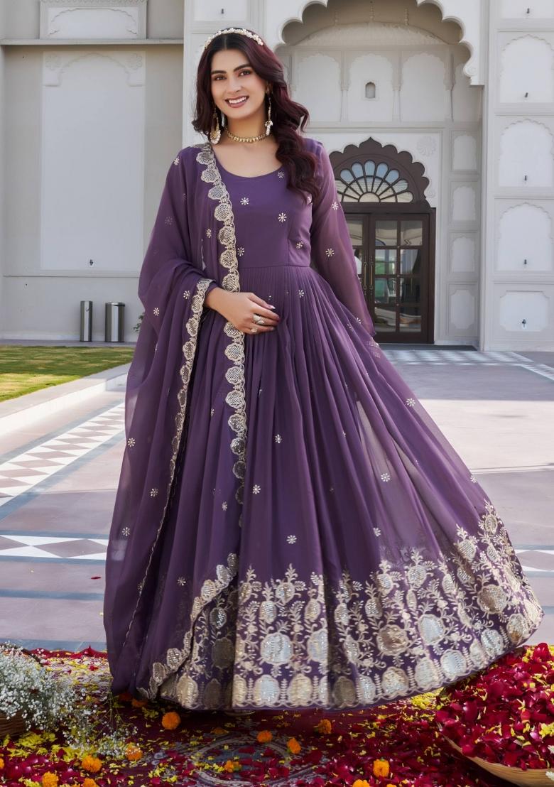 Purple Embroidered Georgette Gown With Dupatta - Indya