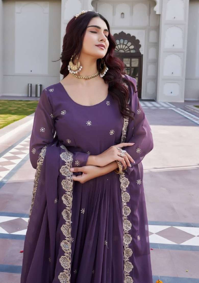Purple Embroidered Georgette Sharara Set - Indya