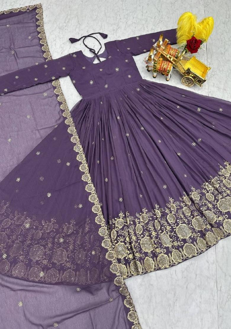 Purple Embroidered Georgette Gown With Dupatta - Indya