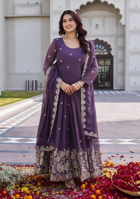 Purple Embroidered Georgette Gown With Dupatta