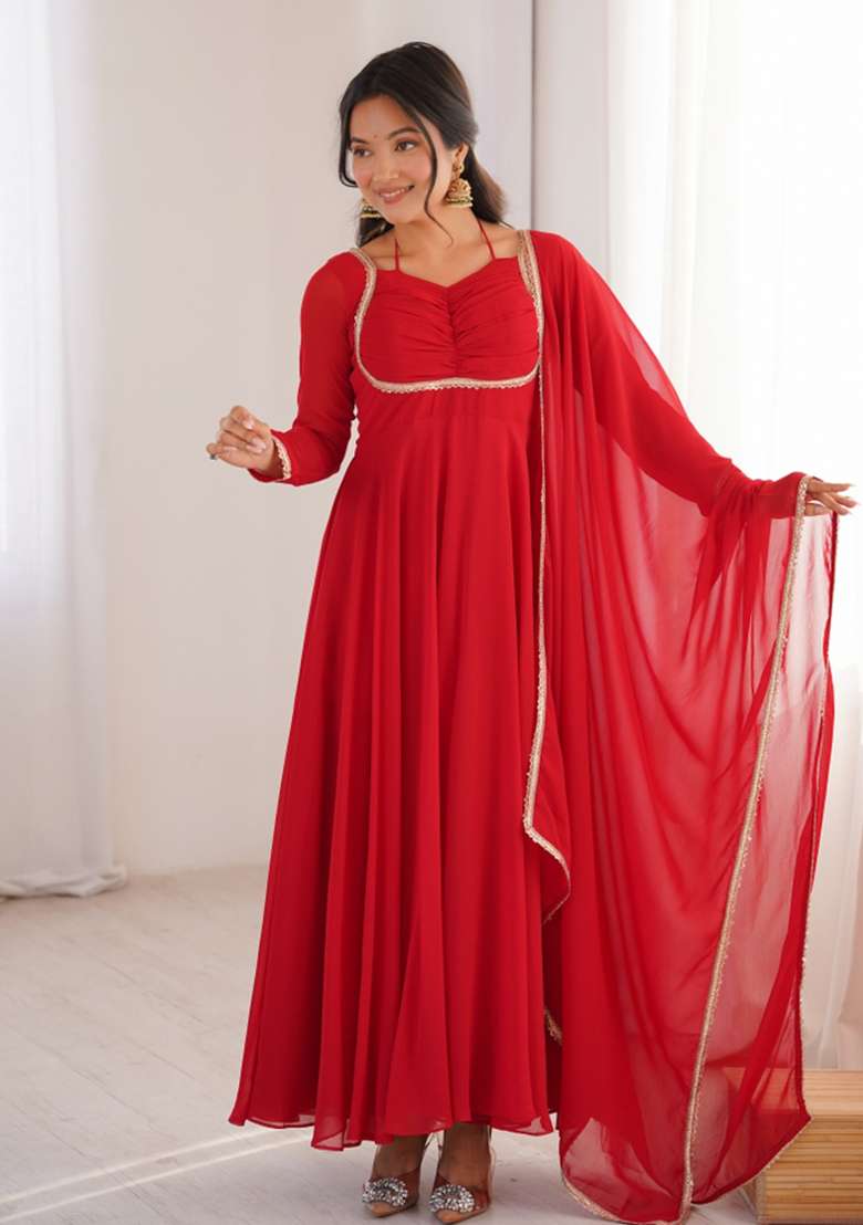Red Lace Work Georgette Gown With Dupatta - Indya
