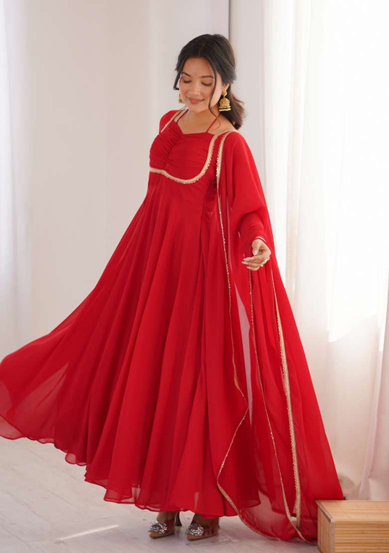 Red Lace Work Georgette Gown With Dupatta - Indya