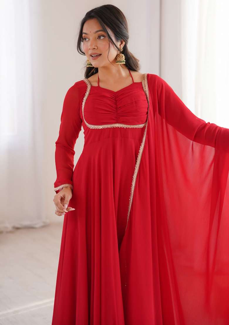 Red Lace Work Georgette Gown With Dupatta - Indya