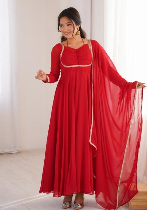 Red Lace Work Georgette Gown With Dupatta