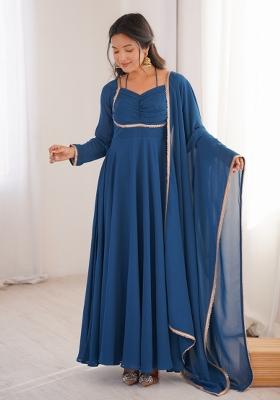 Blue Lace Work Georgette Gown With Dupatta