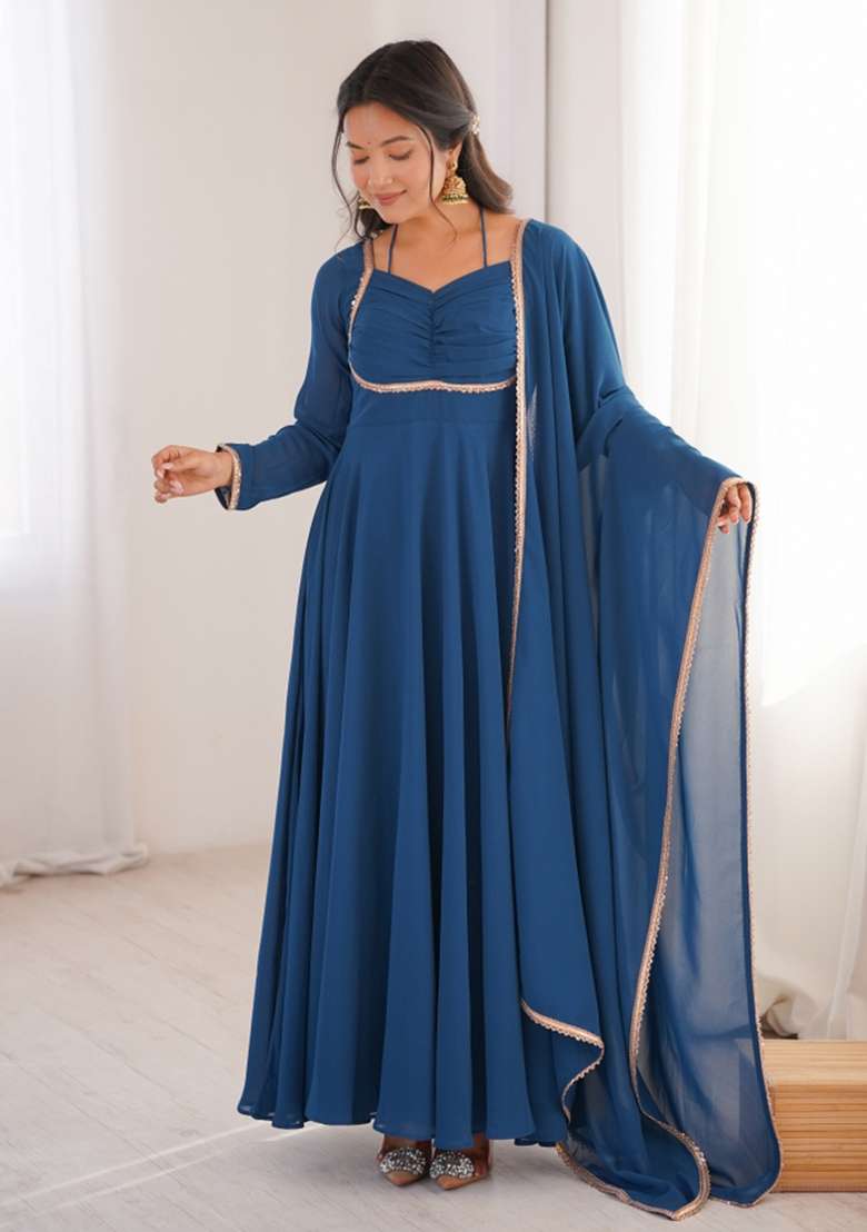 Blue Lace Work Georgette Gown With Dupatta - Indya