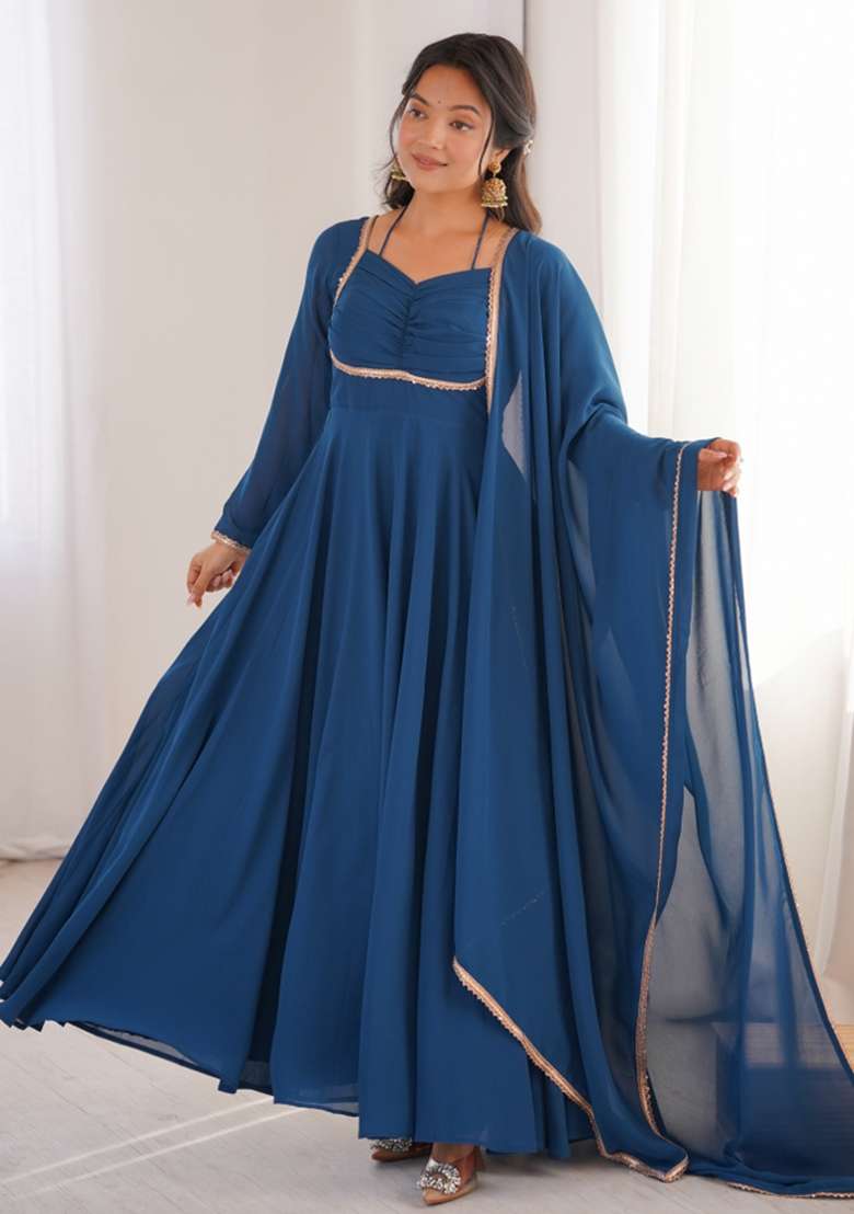 Blue Lace Work Georgette Gown With Dupatta - Indya