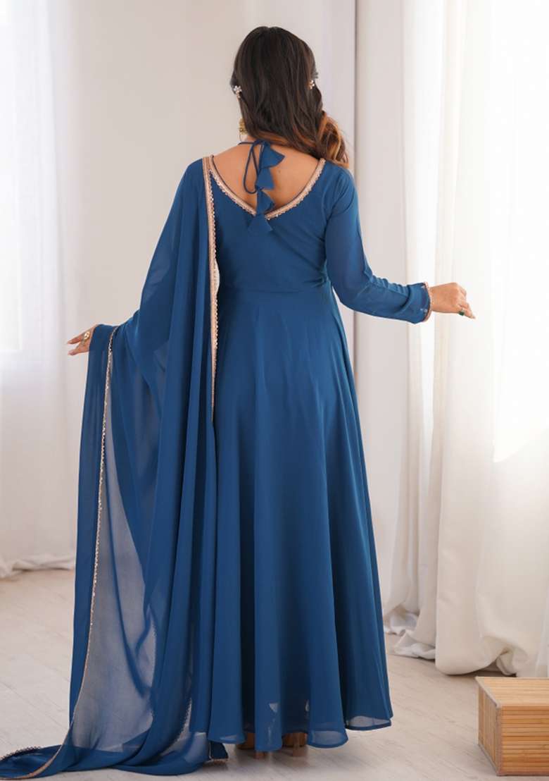 Blue Lace Work Georgette Gown With Dupatta - Indya