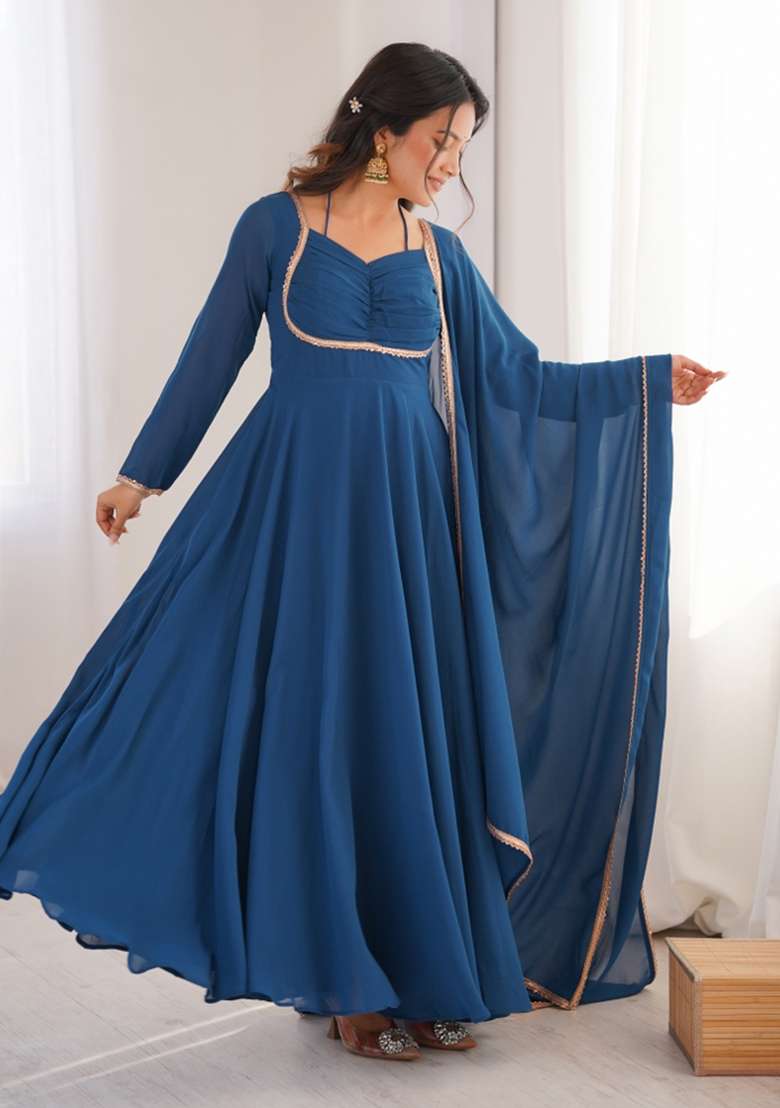 Blue Lace Work Georgette Gown With Dupatta - Indya