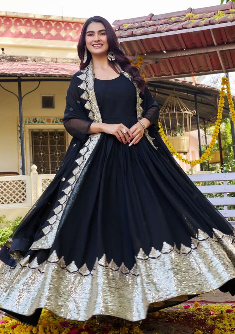 Black Embroidered Georgette Anarkali Set - Indya