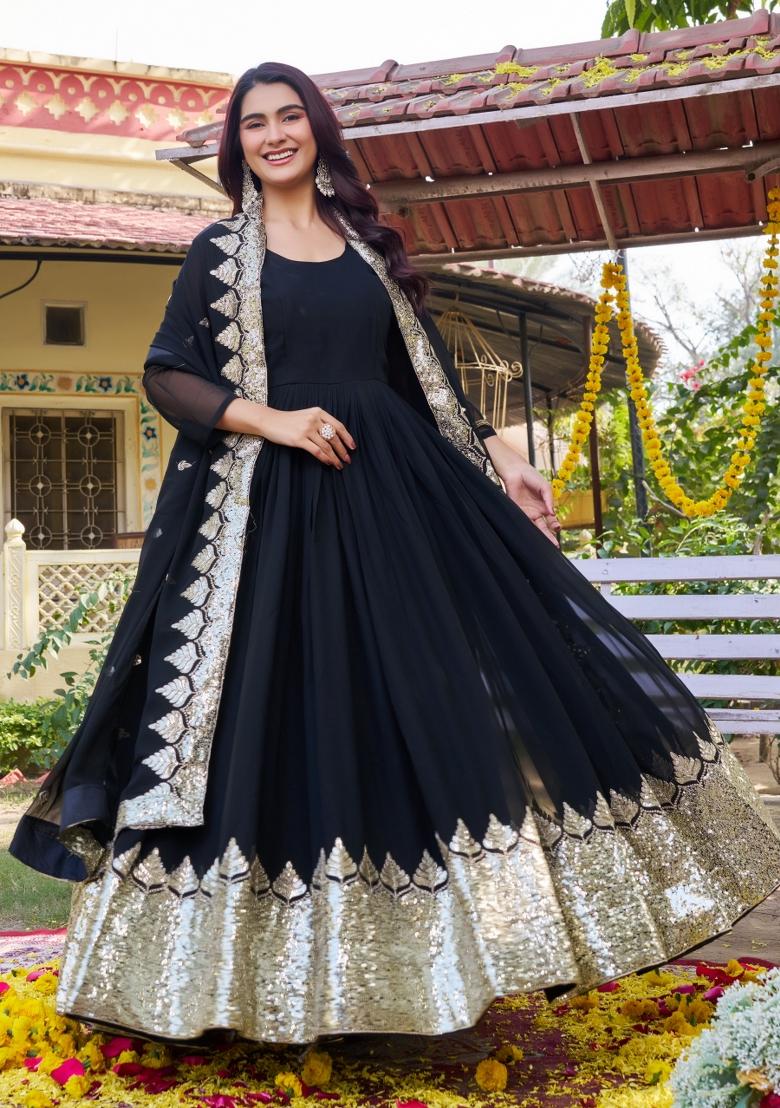 Black Embroidered Georgette Gown With Dupatta - Indya