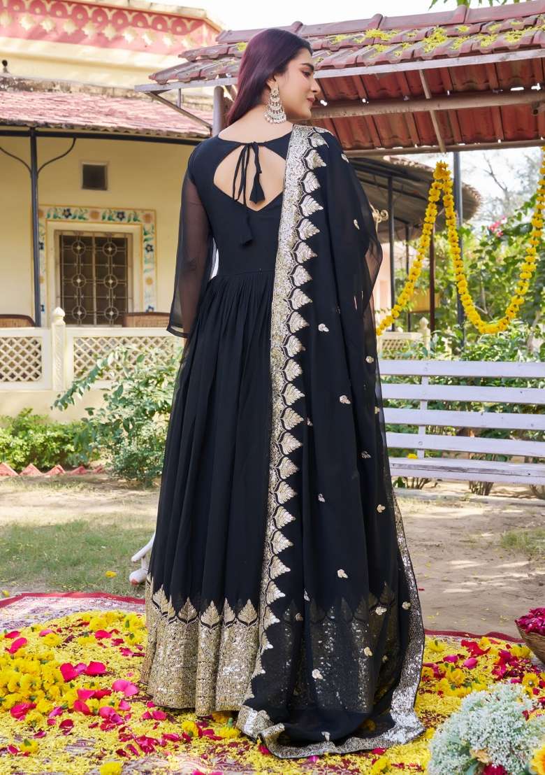 Black Embroidered Georgette Anarkali Set - Indya
