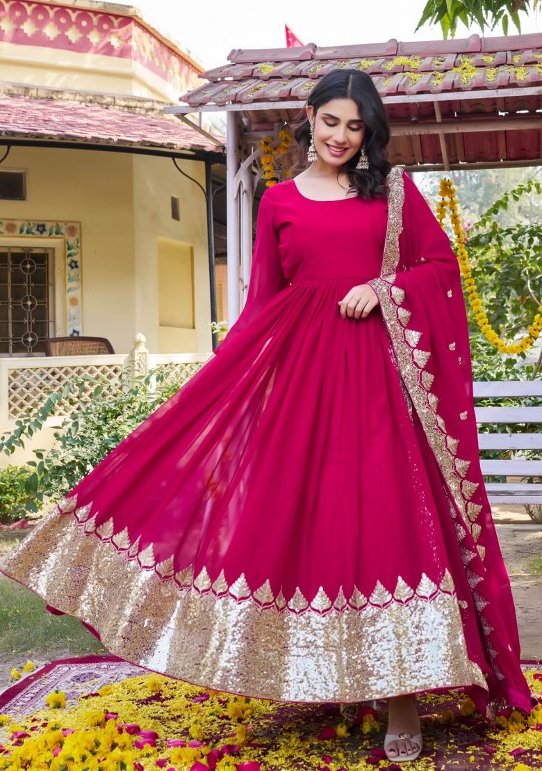Pink Embroidered Georgette Gown With Dupatta - Indya