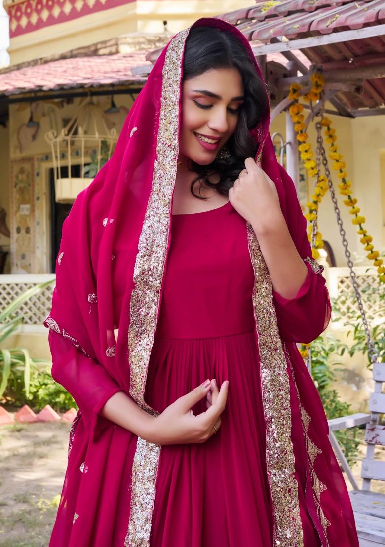 Pink Embroidered Georgette Gown With Dupatta - Indya