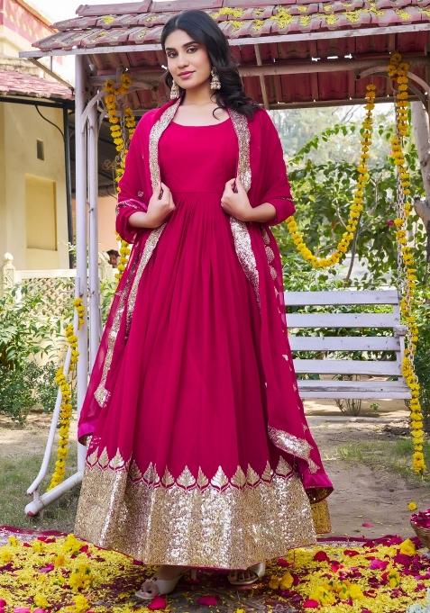 Pink Embroidered Georgette Gown With Dupatta