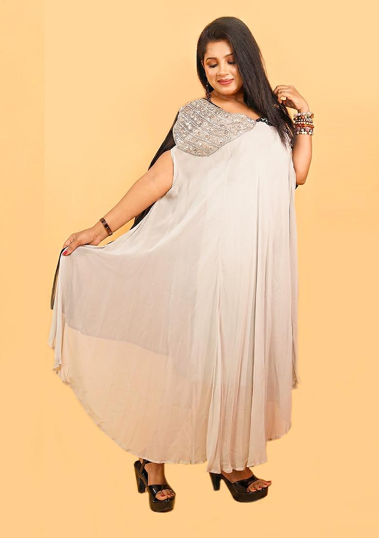 Off White And Black Plain Georgette Dress - Indya