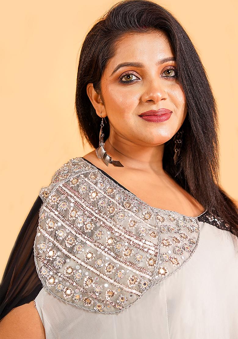 Off White And Black Plain Georgette Dress - Indya