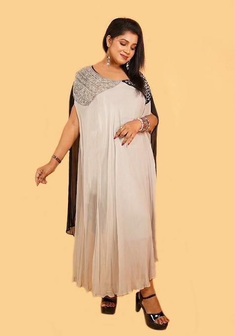 Off White And Black Plain Georgette Dress