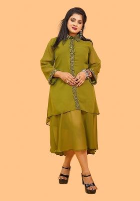 Olive Green Plain Georgette Dress