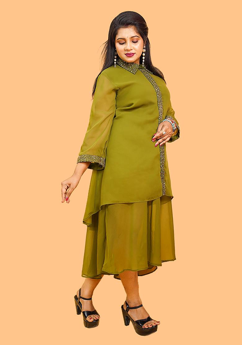 Olive Green Plain Georgette Dress - Indya