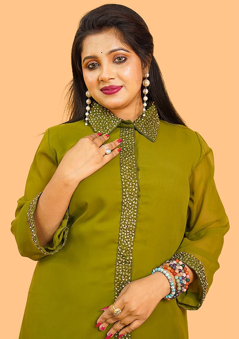 Olive Green Plain Georgette Dress - Indya