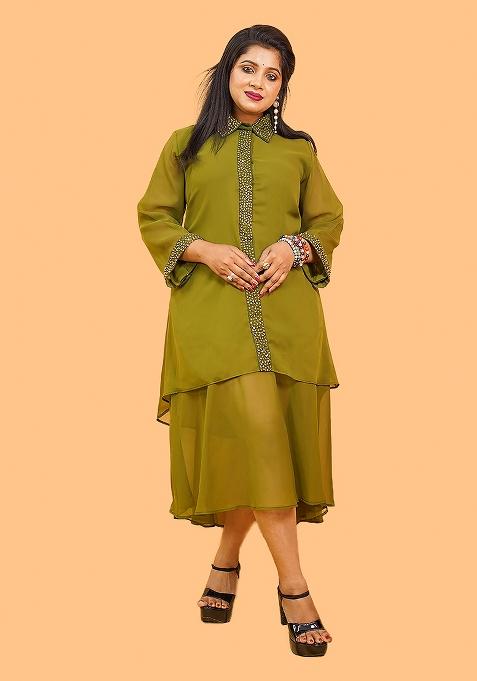 Olive Green Plain Georgette Dress