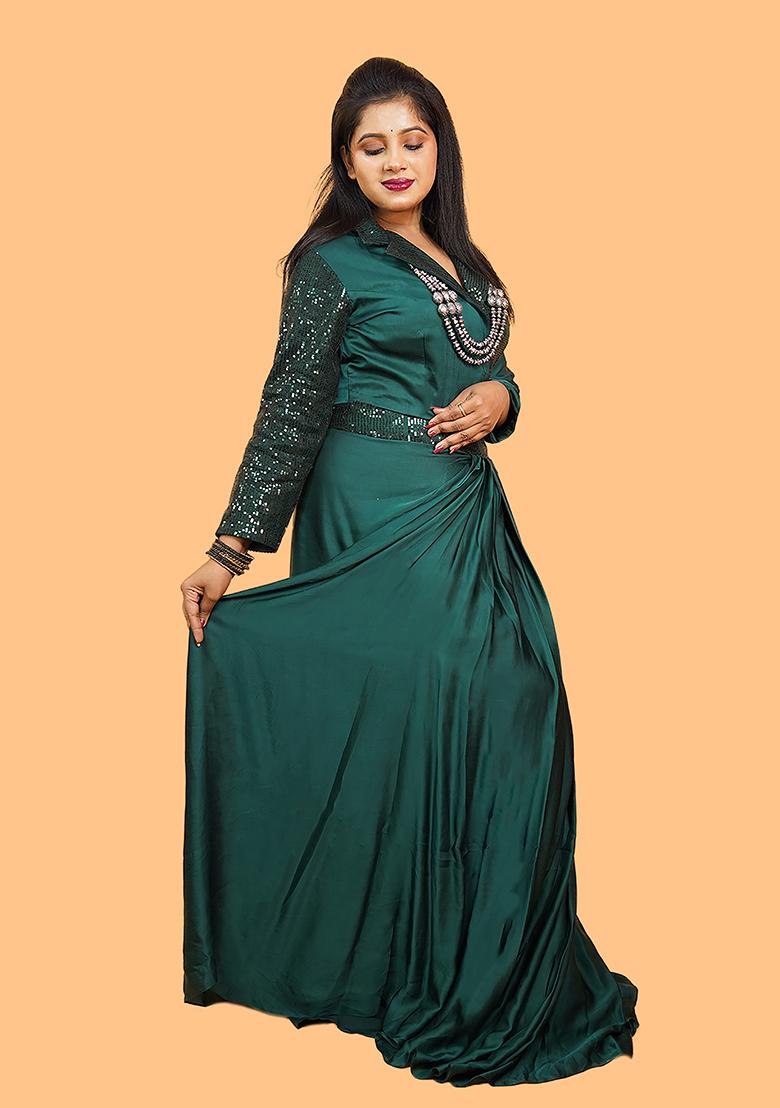 Green Embroidered Satin Gown - Indya