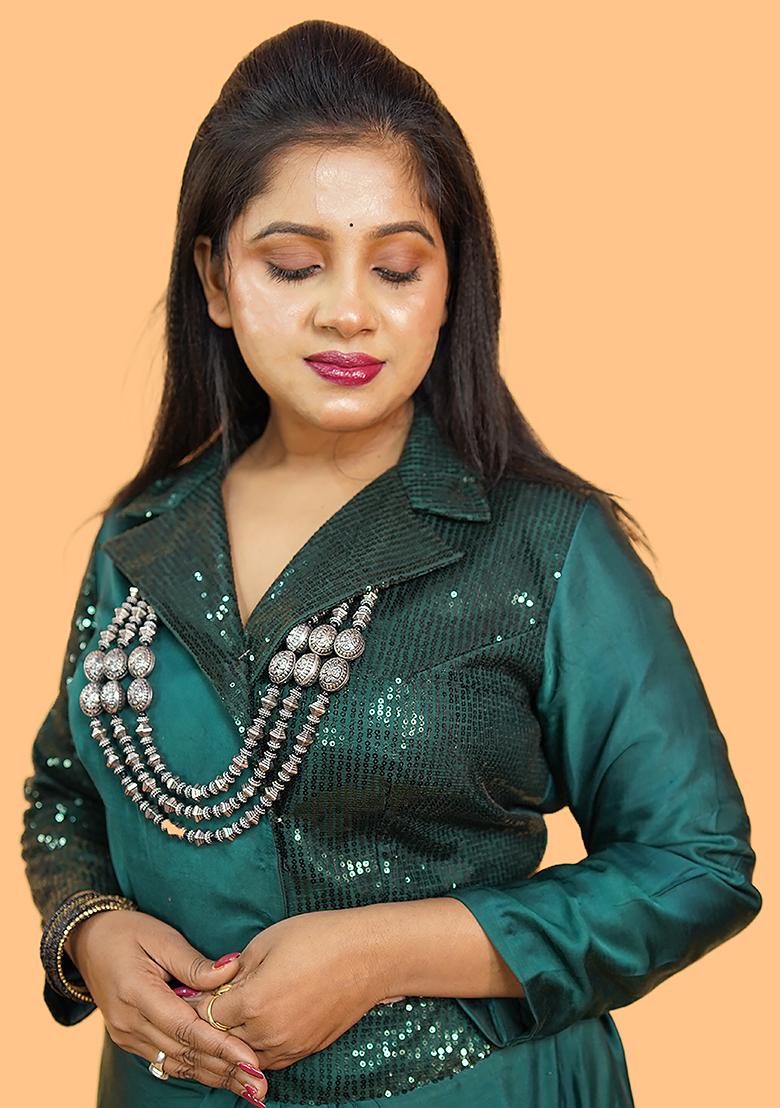 Green Embroidered Satin Gown - Indya