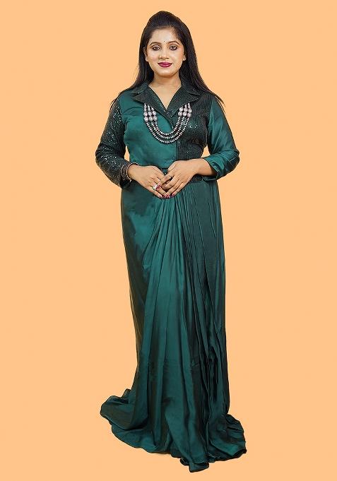 Green Embroidered Satin Gown