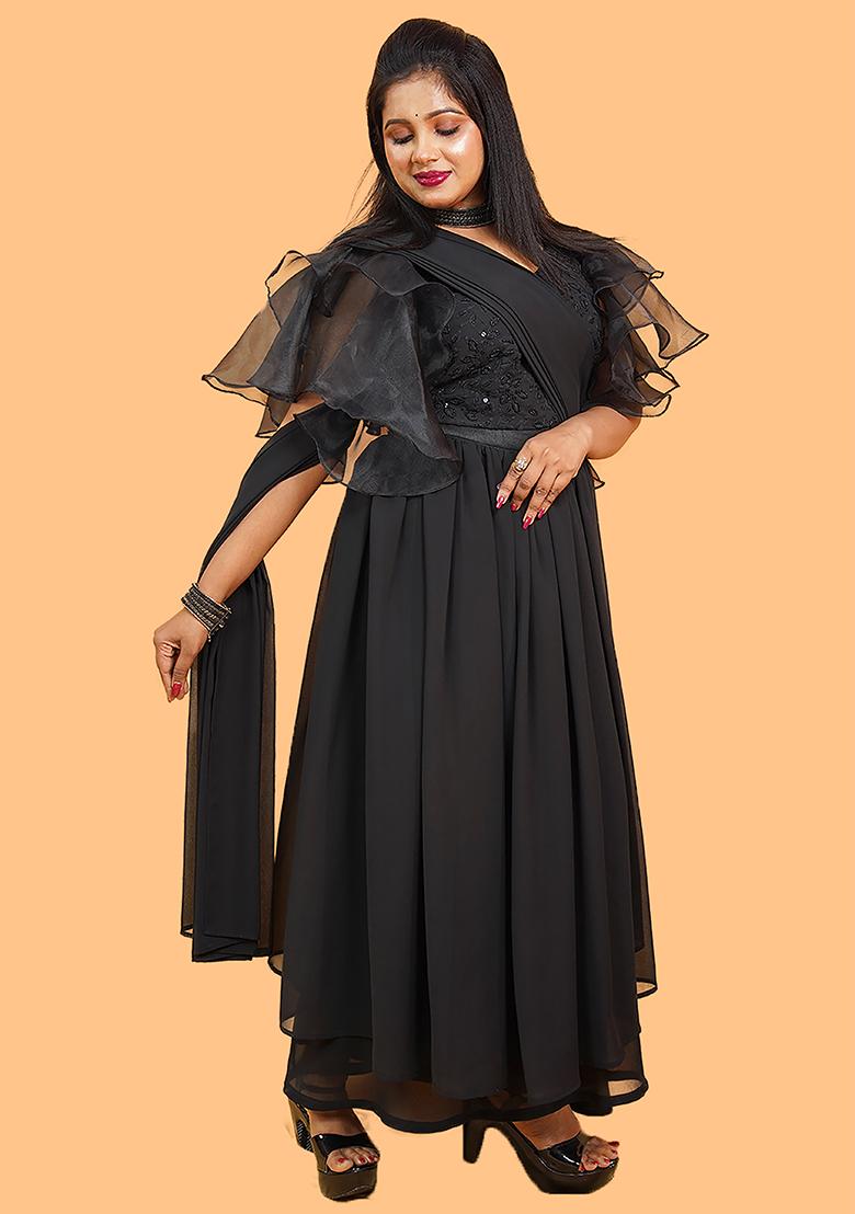 Black Embellished Georgette Dress - Indya