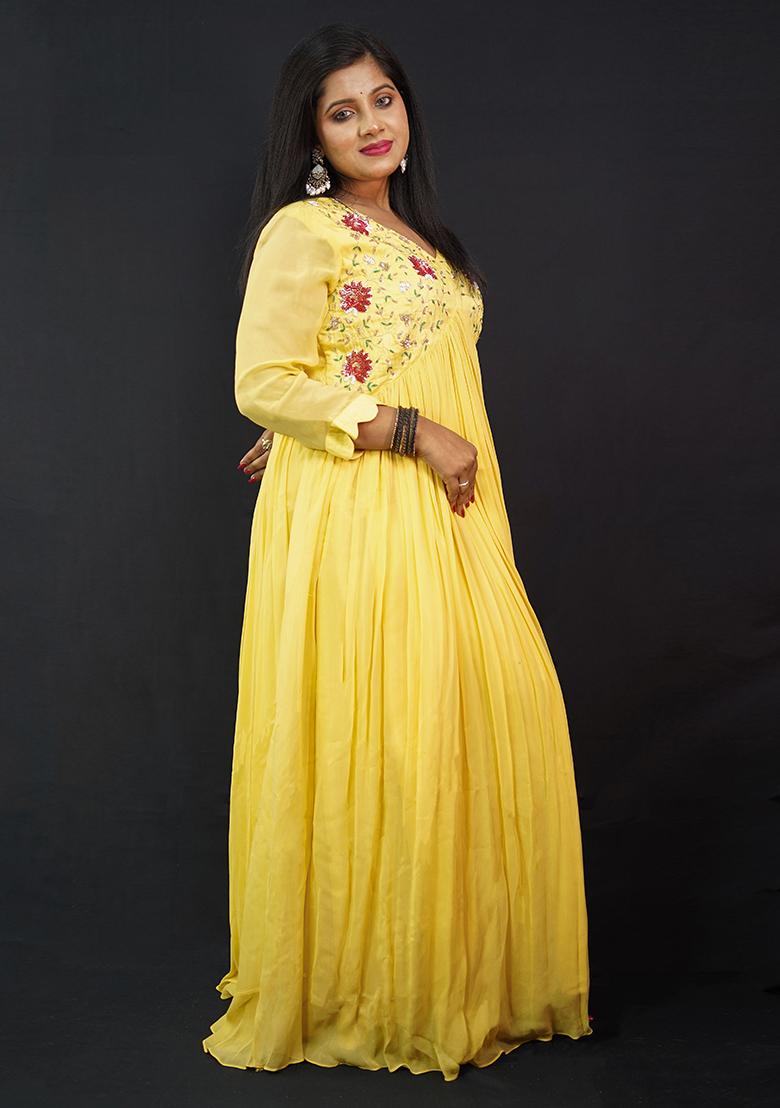 Yellow Embroidered Georgette Gown - Indya