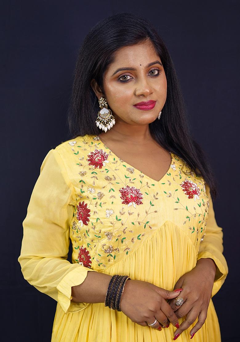 Yellow Embroidered Georgette Gown - Indya