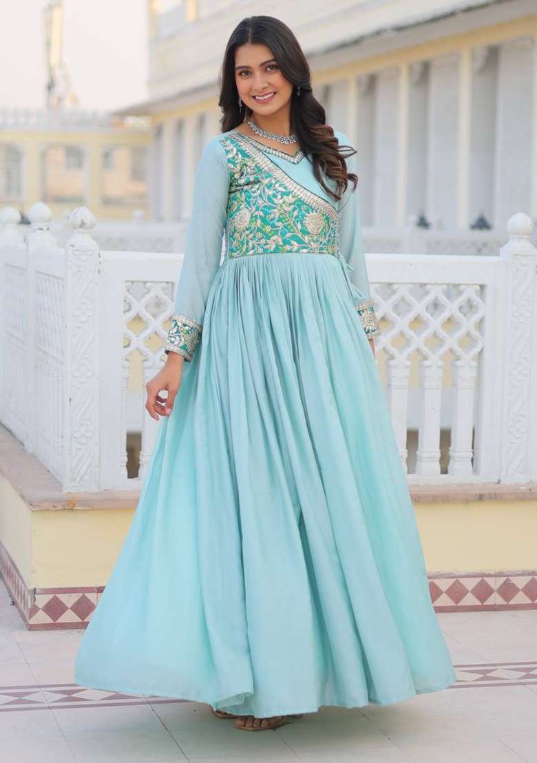 Sky Blue Embroidered Chinon Anarkali - Indya