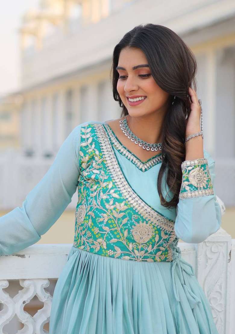Sky Blue Embroidered Chinon Anarkali - Indya