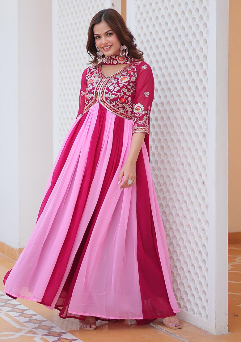 Multicolor Embroidery Georgette Gown With Dupatta - Indya
