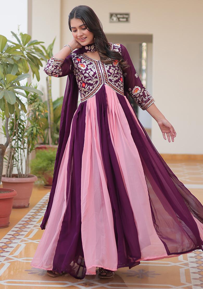 Multicolor Embroidery Georgette Gown With Dupatta - Indya