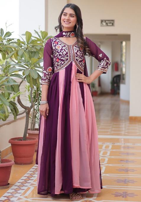 Multicolor Embroidery Georgette Gown With Dupatta