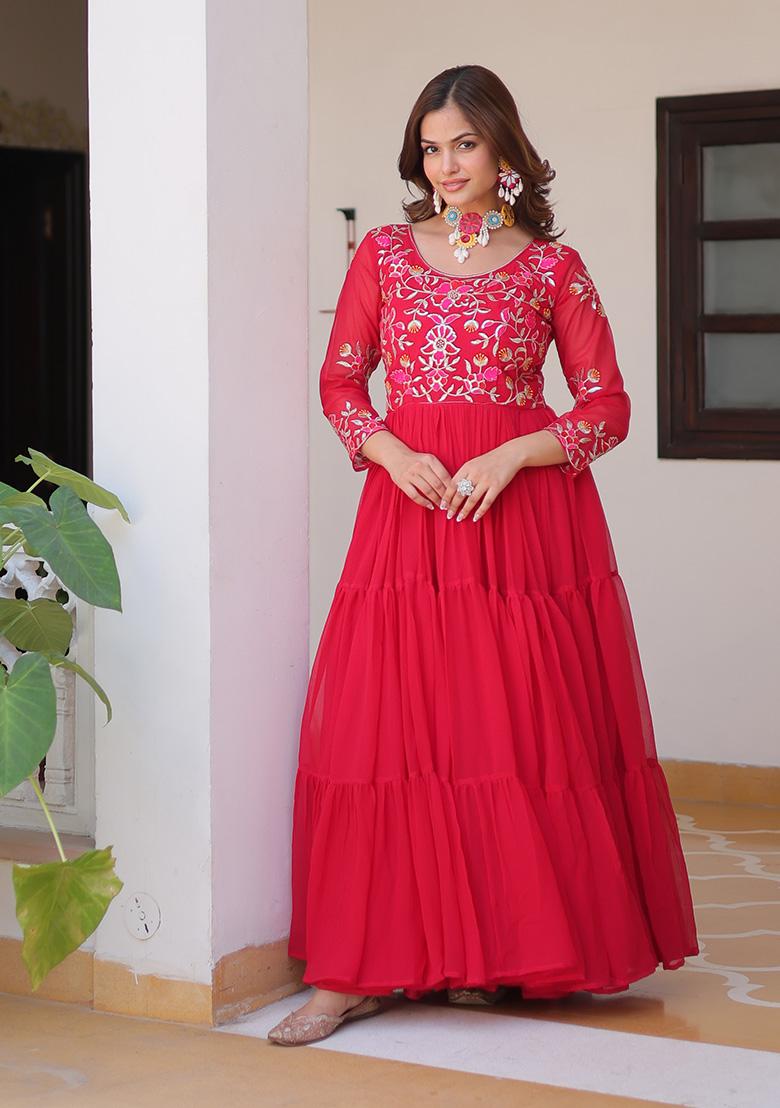 Rani Pink Sequence Georgette Gown - Indya