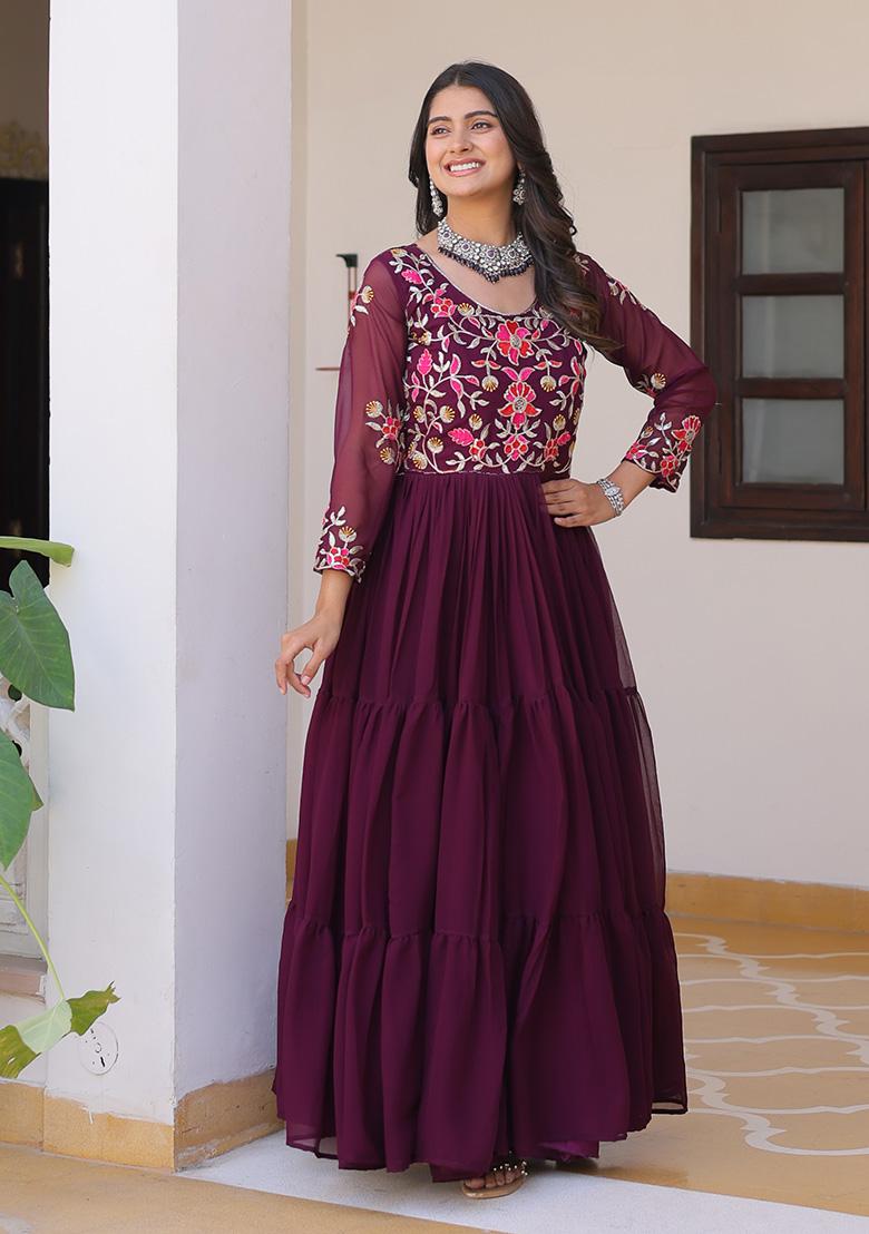 Wine Sequence Georgette Gown - Indya