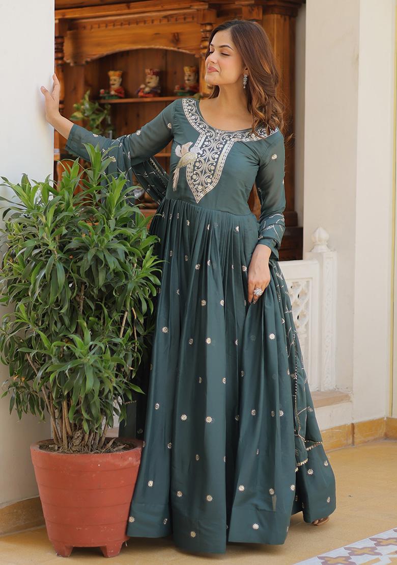 Dark Rama Green Embroidery Georgette Gown With Dupatta - Indya