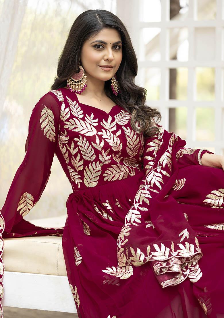 Pink Sequence Thread Work Georgette Gown With Dupatta - Indya